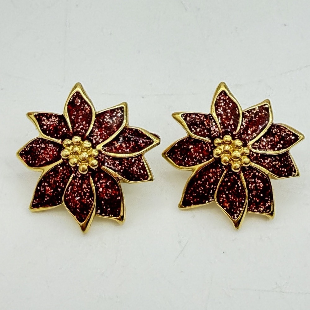 Avon Christmas Poinsettia Earrings Red Glitter Gold Tone Vintage